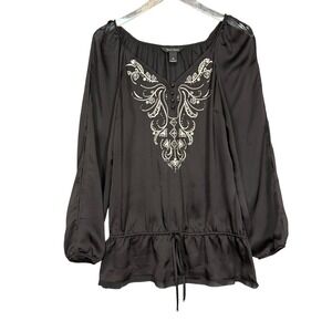 White House Black Market Black Peasant Blouse with Cream Embroidery